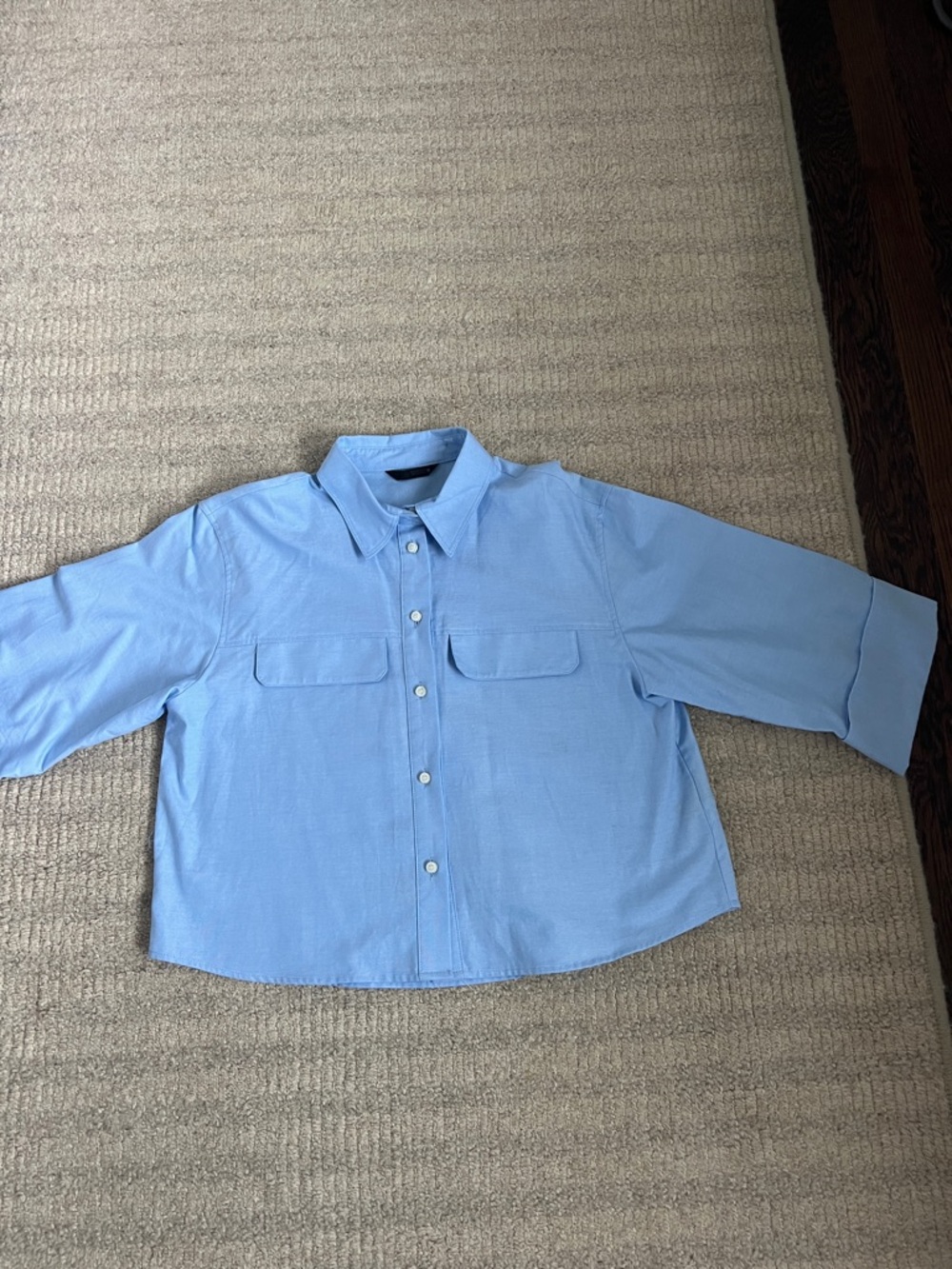 Zara Women’s Light Blue Button-Front Shirt with 3/4 cuffed sleeves